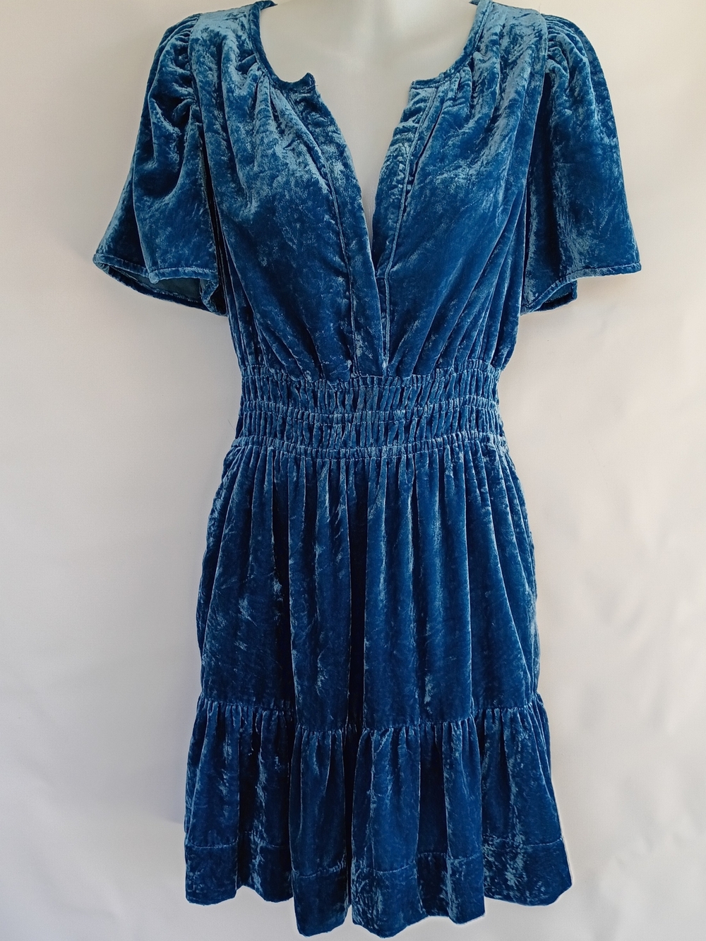 Anthropologie Somerset Mini Dress Tiered Blue Velvet V-Neck Fairy Grunge Small - Picture 4 of 15